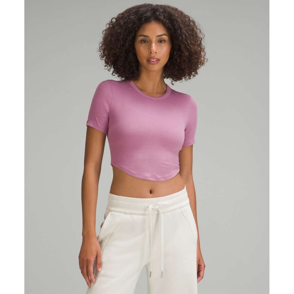 Lululemon Hold Tight Cropped T-Shirt Velvet Dust Pink Ribbed Crew Neck Size 4